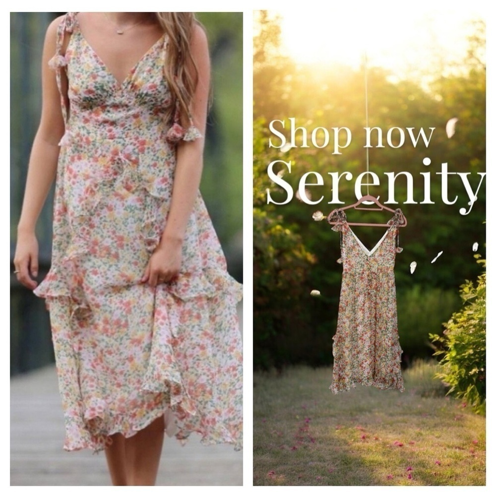STORIA Floral Ruffle Romantic Frilly Midi Dress Tassel Ties Cottagecore Small